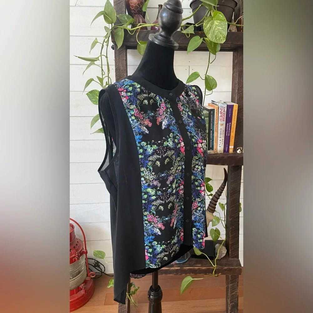 Nicole Miller: Long Black BoHo Flowy Floral Button Down Blouse